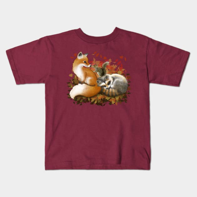 Fox, racoon and squirrel during autumn Kids T-Shirt by Brash Ideas